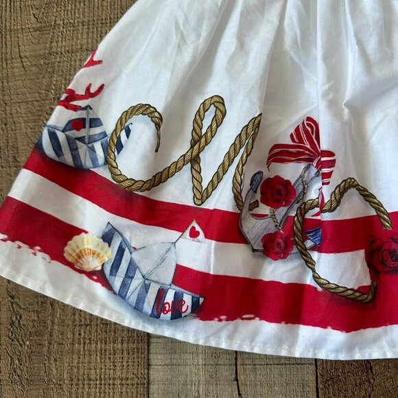 Monnalisa Toddler Girls Nautical Print Dress 6M With Red & White Stripes Rope - Picture 2 of 9